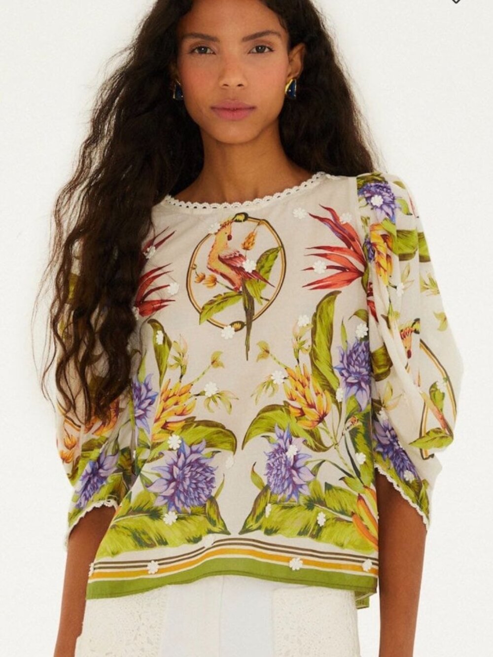 NWT FARM Rio Sand Tropical Scarf Blouse Medium Floral Parrot Puff Sleeves - Picture 3 of 7